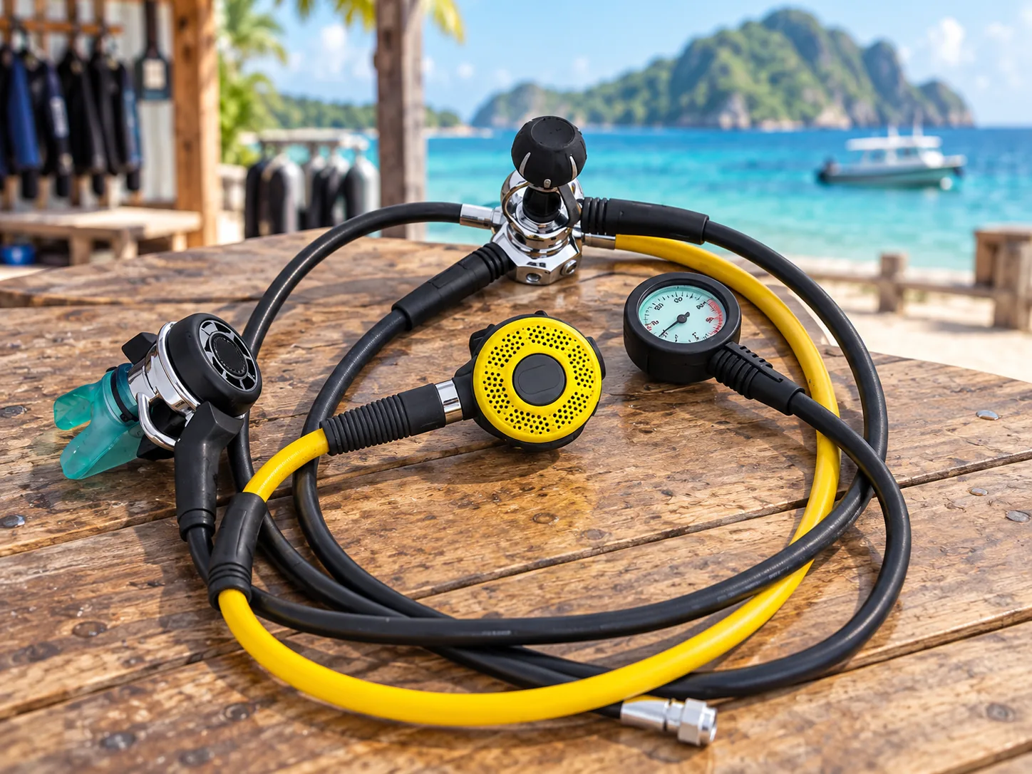 AI illustrated scuba regulator set with first stage, primary second stage, yellow alternate and pressure gauge on a seaside wooden table
