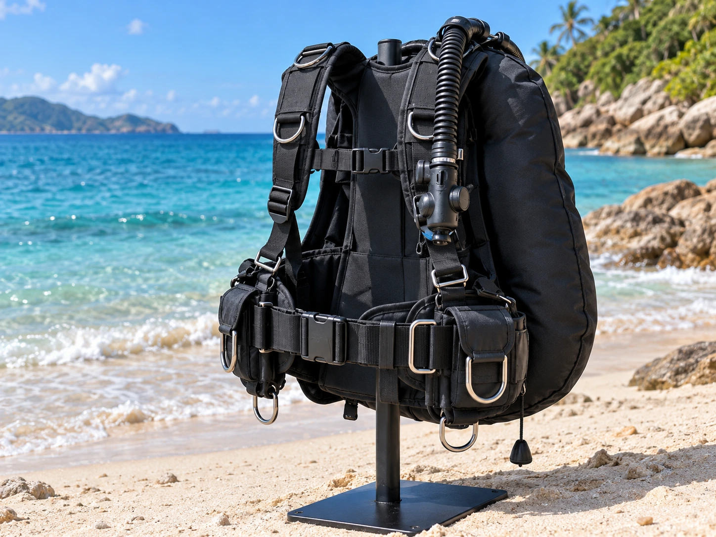 AI illustrated black scuba BCD on a stand beside a tropical beach
