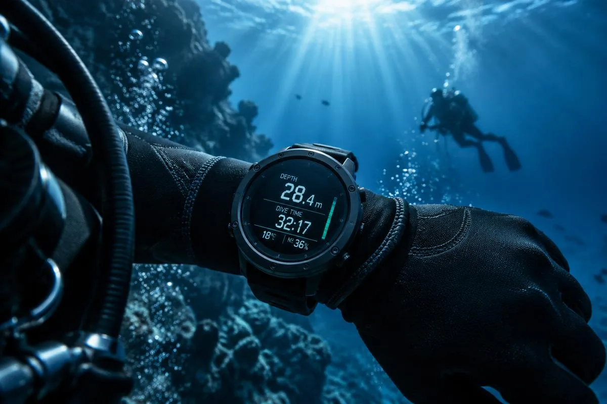 Unbranded wrist dive computer showing depth and dive time underwater