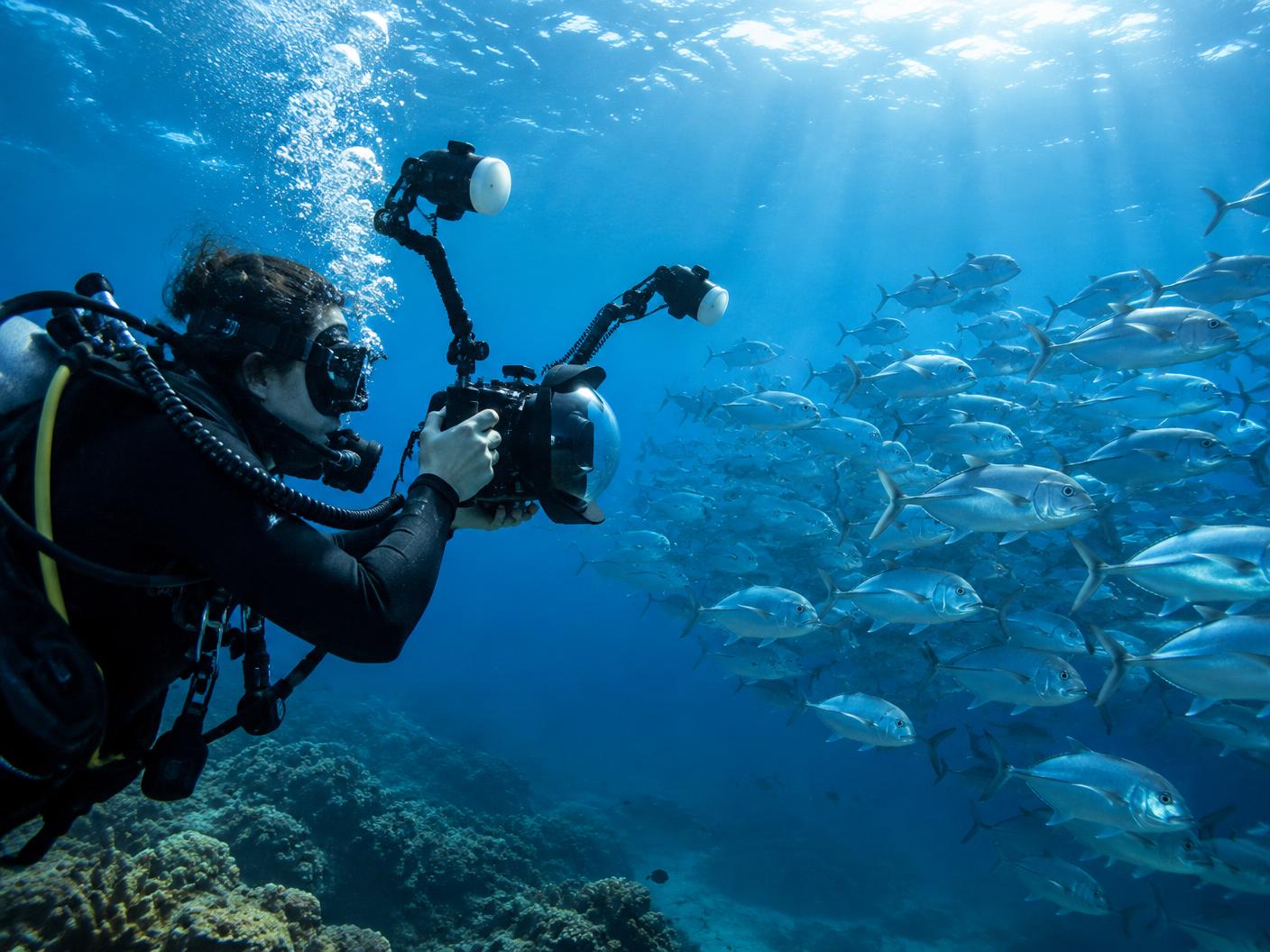 Underwater photographer framing a school of jackfish with strobes