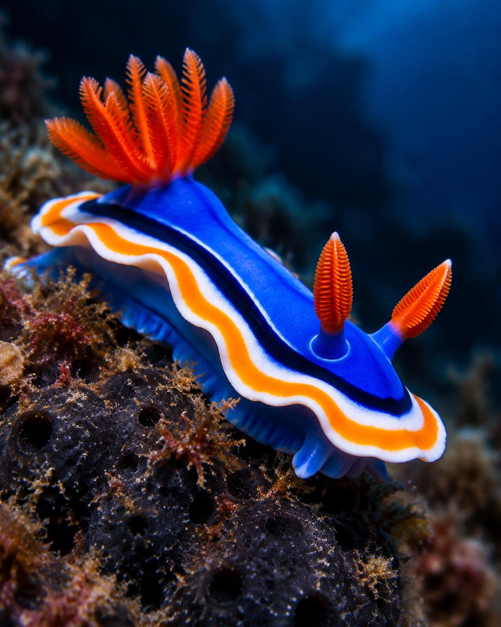Colourful nudibranch photographed in macro on a dark reef